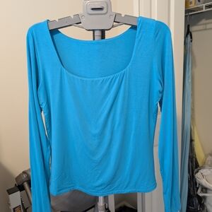 Elegant Blue Long Sleeve Women's Blouse. Double Lined. Bodycon